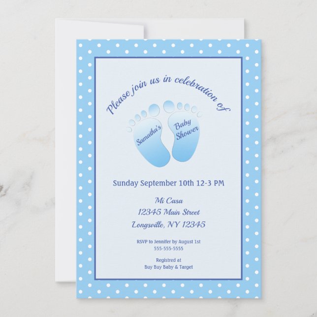 Baby Boy Blue Feet Baby Shower Polka Dot Invitation (Front)