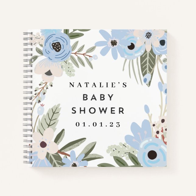 Baby Boy Blue Floral Baby Shower Guest Book (Front)