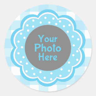 Baby Boy Blue Gingham Photo Classic Round Sticker