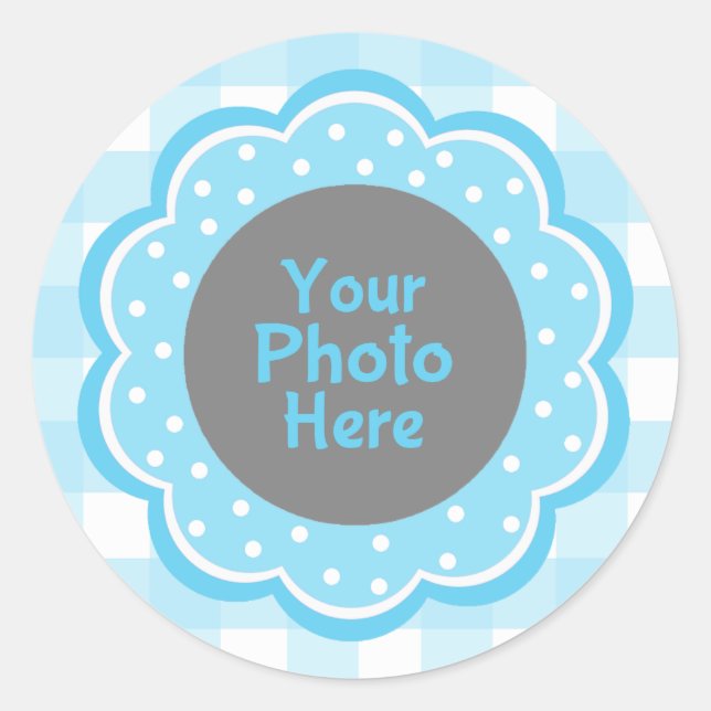 Baby Boy Blue Gingham Photo Classic Round Sticker (Front)
