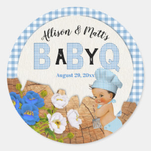 Baby Boy Blue Gingham Wood Floral Baby Q BBQ Classic Round Sticker