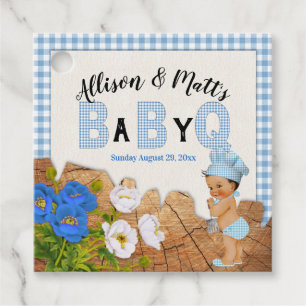 Baby Boy Blue Gingham Wood Floral Baby Q BBQ Favou Favour Tags