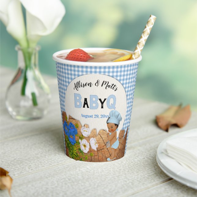 Baby Boy Blue Gingham Wood Floral Baby Q BBQ Paper Paper Cups (Insitu)