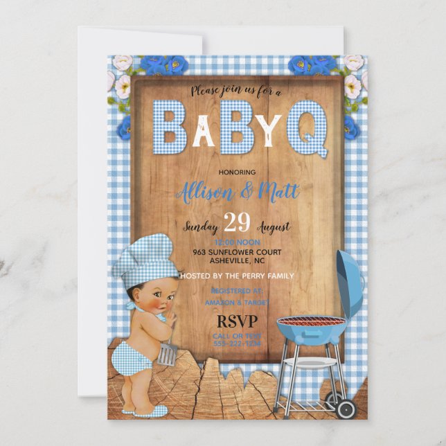 Baby Boy Blue Gingham Wood Flowers Baby Q Barbecue Invitation (Front)