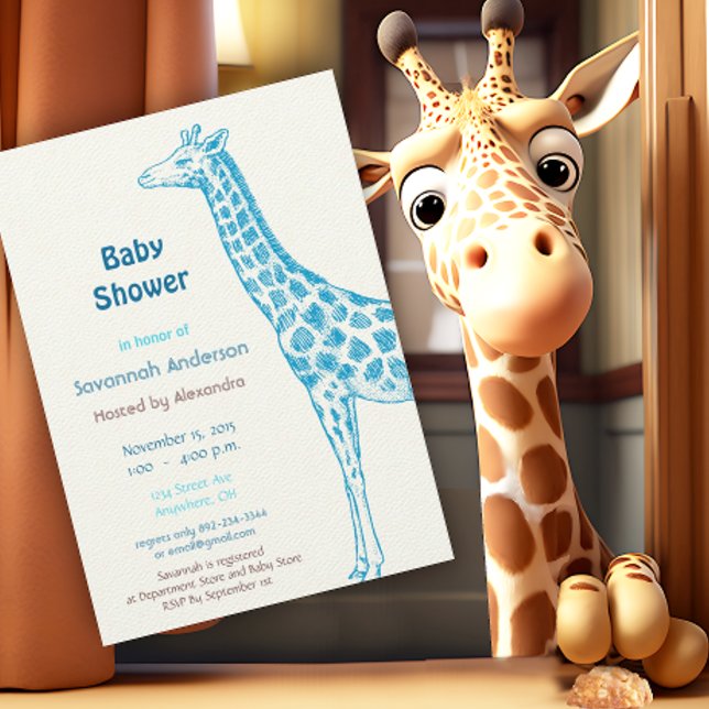 Baby Boy Blue Giraffe Baby Shower Invitation (Creator Uploaded)