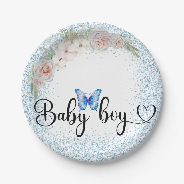 Baby boy blue glitter and pale flowers Paper Plate (Front)