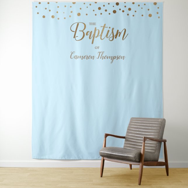 Baby boy Blue Gold Confetti Baptism Backdrop Tapestry (In Situ)