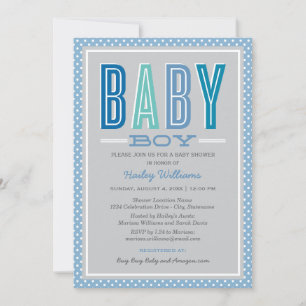 Baby Boy Blue Grey Bold Type Baby Shower Invitation