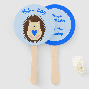 Baby Boy Blue Heart Hedgehog Baby Shower Hand Fan