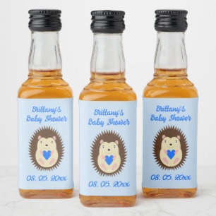 Baby Boy Blue Heart Hedgehog Baby Shower Liquor Bottle Label