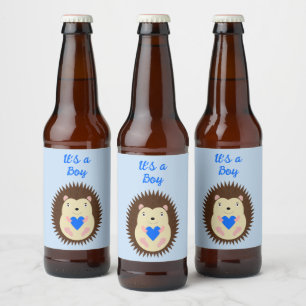 Baby Boy Blue Heart Hedgehog Custom Beer Bottle Label