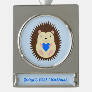 Baby Boy Blue Heart Hedgehog Custom Silver Plated Banner Ornament