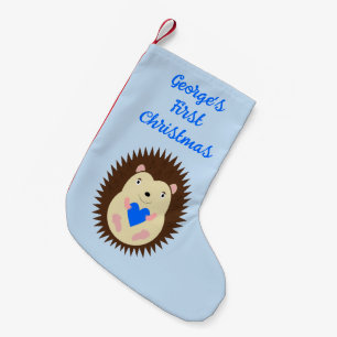 Baby Boy Blue Heart Hedgehog Custom Small Christmas Stocking