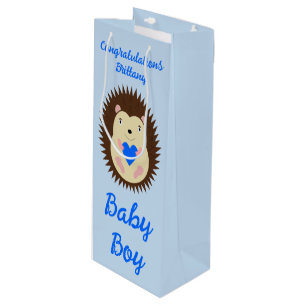 Baby Boy Blue Heart Hedgehog Custom Wine Gift Bag