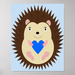 Baby Boy Blue Heart Hedgehog Nursery Poster