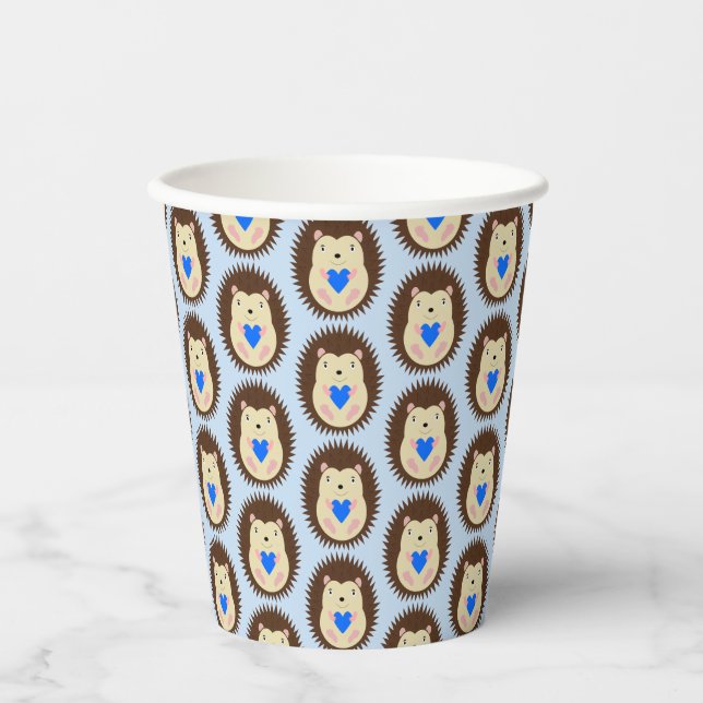 Baby Boy Blue Heart Hedgehog Patterned Paper Cups (Front)