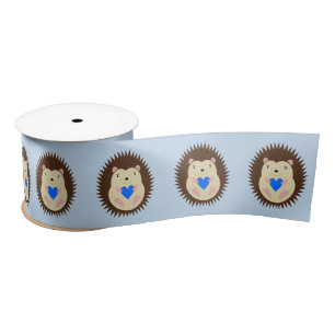 Baby Boy Blue Heart Hedgehog Patterned Satin Ribbon