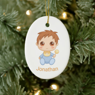 Baby Boy Blue Jumpsuit, Custom Name and Photo Ceramic Tree Decoration