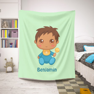 Baby Boy Blue Jumpsuit Custom Name Green Sherpa Blanket