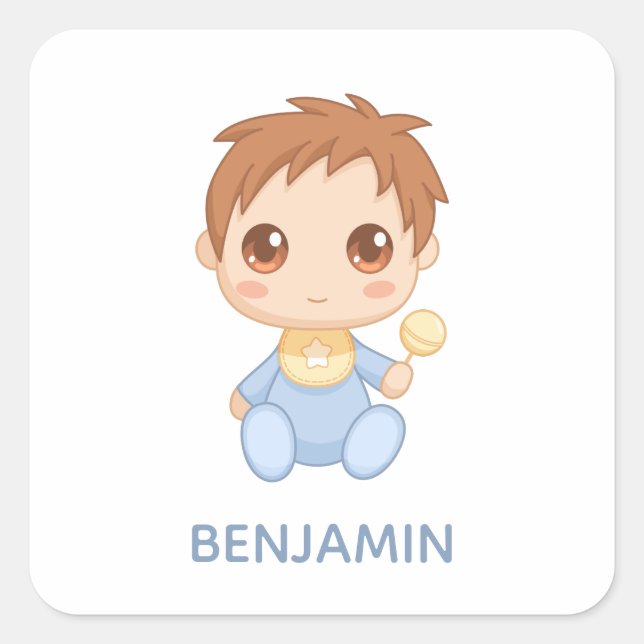 Baby Boy Blue Jumpsuit Custom Name Square Sticker (Front)