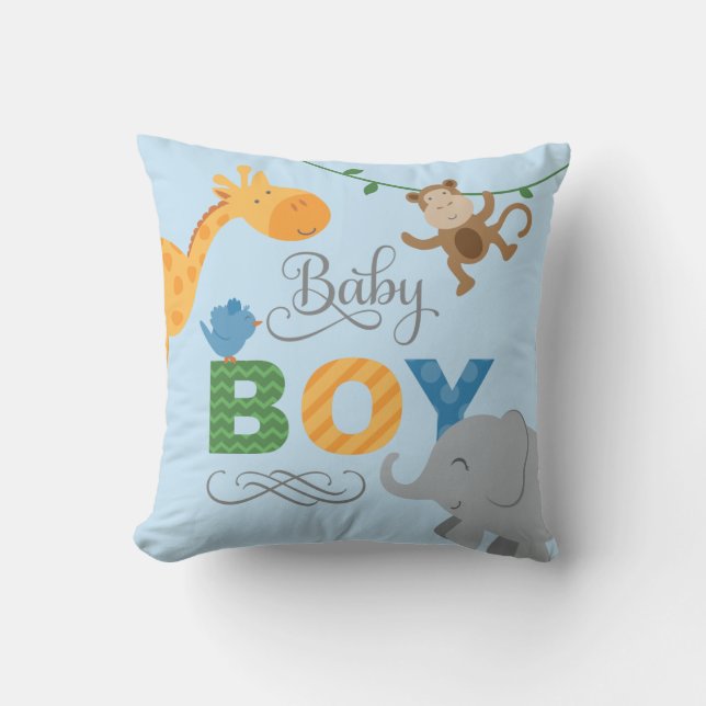 Baby Boy Blue Jungle Animals Nursery Cushion (Front)