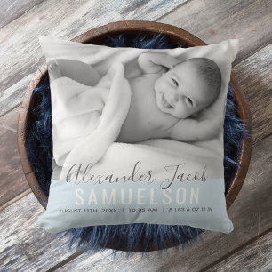 BABY Boy Blue Keepsake Name Birth Date PHOTO Cushion