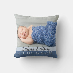 Baby Boy Blue Keepsake Photo Birth Stats Cushion