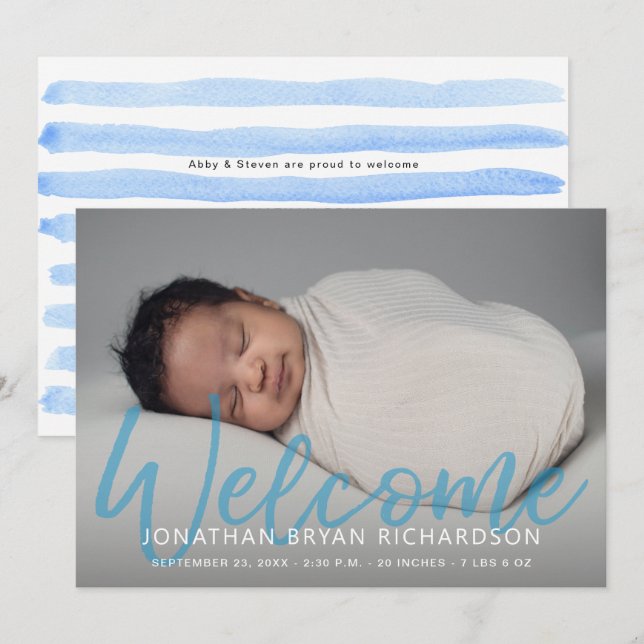 Baby Boy Blue One Photo Welcome Birth Announcement (Front/Back)