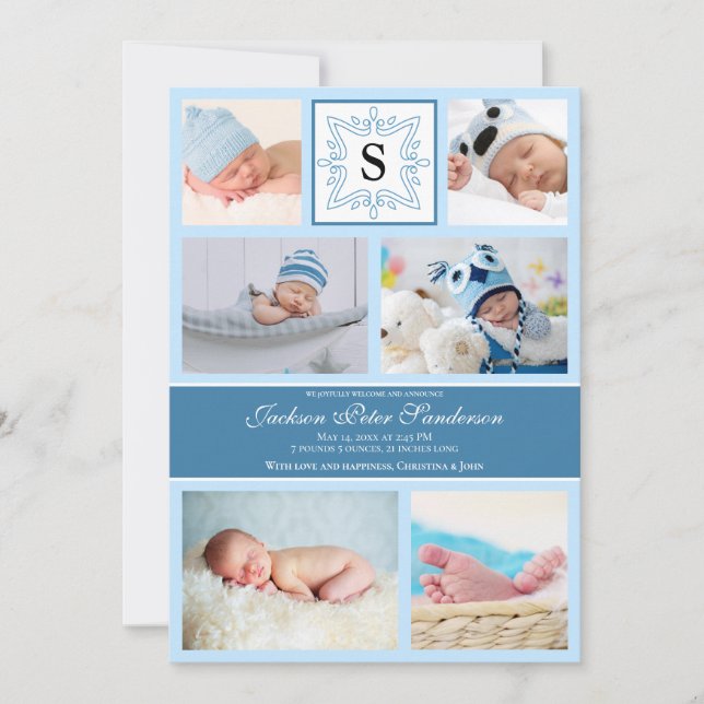 Baby Boy Blue Photo Birth Announcement Monogram (Front)