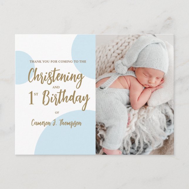 Baby Boy Blue Photo Christening and 1st birthday Postcard (Front)