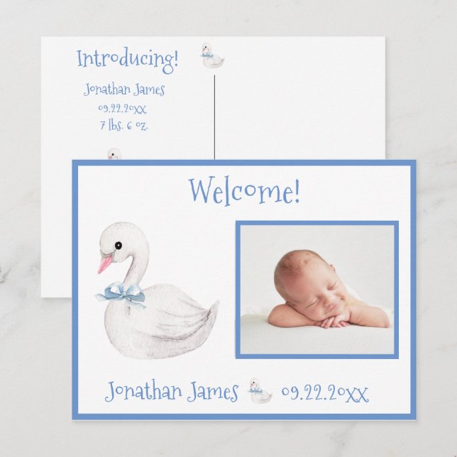 Baby Boy Blue Photo Typography Name Birth Stats Announcement Postcard (Front/Back)