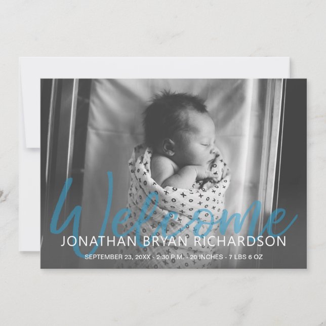 Baby Boy Blue Photo Welcome Birth Announcement (Front)