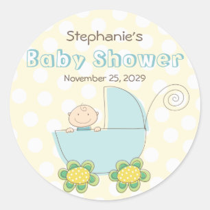 Baby Boy Blue Pram Polka Dots Baby Shower Stickers