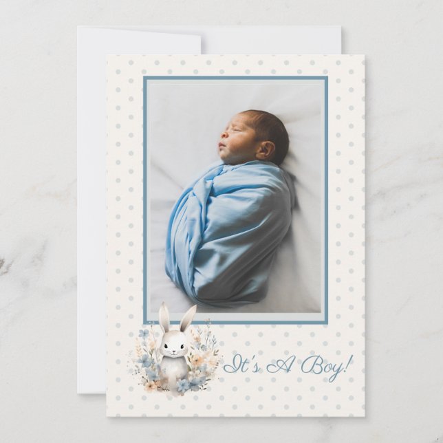 Baby Boy Blue Rabbit and Flowers Baby Birth Announcement (Front)