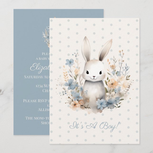 Baby Boy Blue Rabbit and Flowers Baby Shower Invitation (Front/Back)