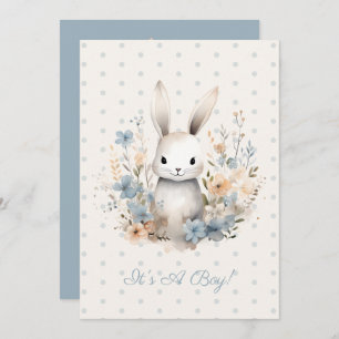 Baby Boy Blue Rabbit and Flowers Baby Shower Invitation