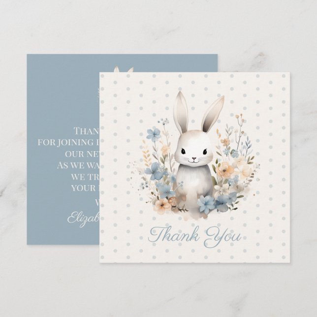 Baby Boy Blue Rabbit and Flowers Baby Shower Thank You Card (Front/Back)