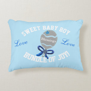 Baby Boy Blue Rattle Birth Stats Decorative Cushion