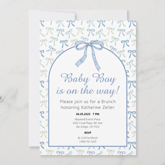 Baby Boy Blue Ribbon Bow Baby Shower Invitation (Front)