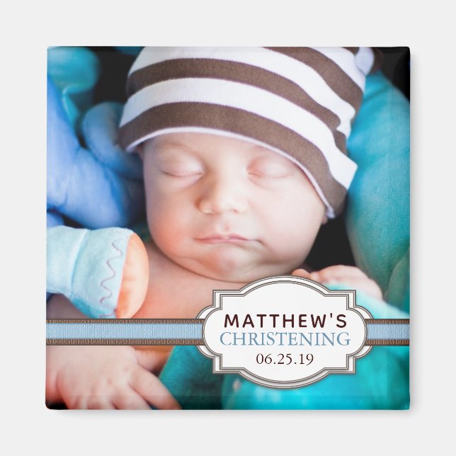 Baby Boy Blue Ribbon Christening Photo Magnet (Front)