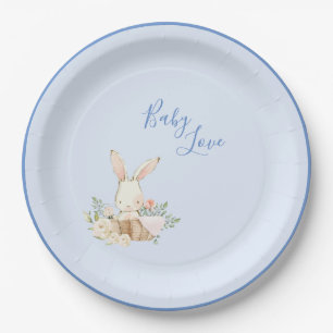 Baby Boy Blue Script Cute Adorable Baby Shower Paper Plate