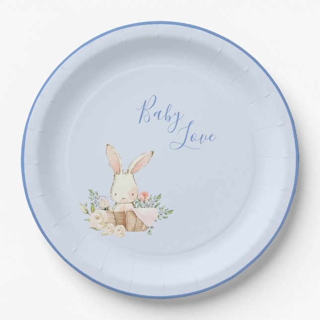 Baby Boy Blue Script Cute Adorable Baby Shower Paper Plate (Front)