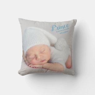 Baby Boy Blue Script Photo Birth Keepsake Nursery Cushion