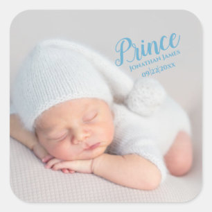 Baby Boy Blue Script Photo Birth Keepsake Square Sticker