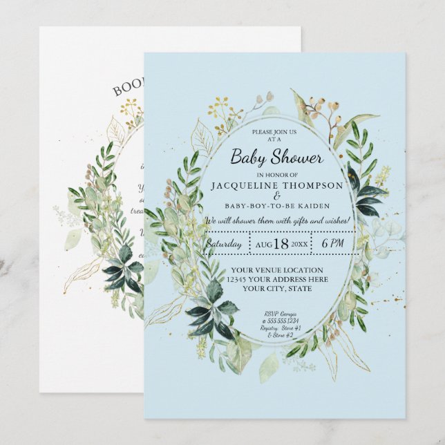 Baby Boy Blue Shower Watercolor Eucalyptus Foliage Invitation (Front/Back)