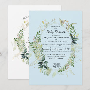 Baby Boy Blue Shower Watercolor Eucalyptus Foliage Invitation