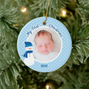 Baby Boy Blue Snowman First Christmas Photo Ceramic Tree Decoration