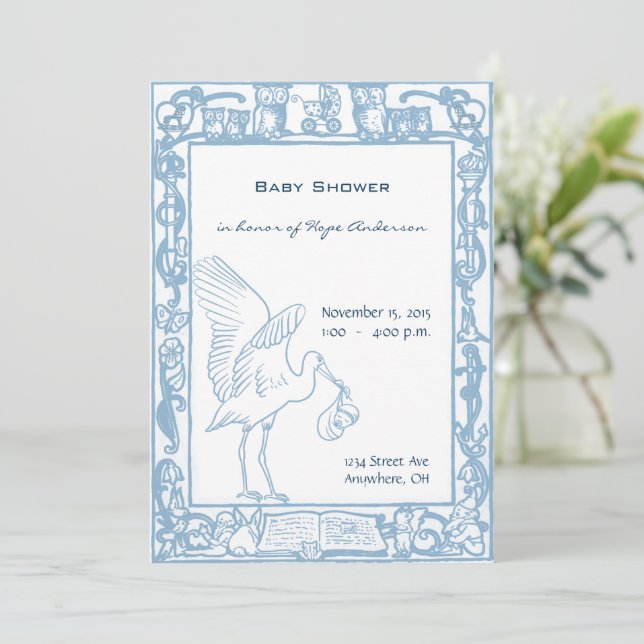 Baby Boy Blue Stork & Owl Border Shower Invitation (Standing Front)