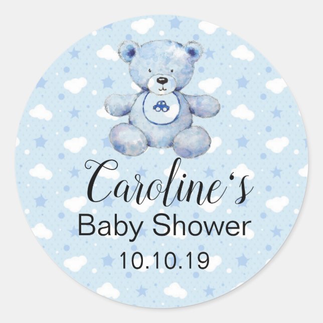 Baby Boy Blue Teddy Bear Baby Shower Sticker (Front)