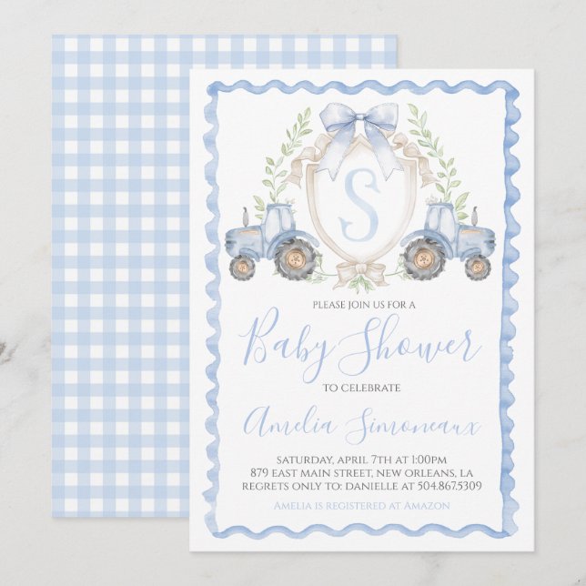 Baby Boy Blue Tractor Shower Monogram Crest Invitation (Front/Back)